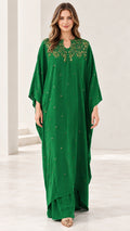 Full front view of emerald green beaded kaftan maxi dress