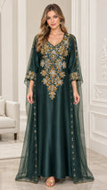 Front view of model wearing Emerald Green embroidered cape kaftan maxi dress
