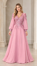 Front full-length view of model wearing pink sequin-embellished long sleeve chiffon evening gown