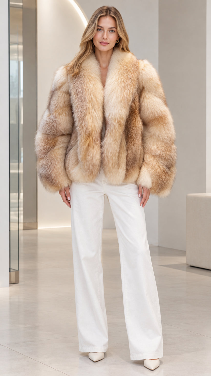 Front view of model wearing Natural Beige plush faux fur jacket with white wide-leg trousers