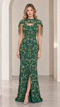 Emerald green sequined evening gown with beaded fringe capelet and front slit front view