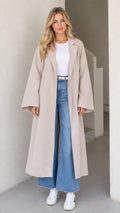 Front full-length view of model wearing Light Grey open-front long duster coat with wide leg jeans