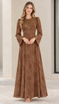Front full-length view of woman wearing brown jacquard beaded maxi dress