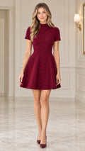 Front view of model wearing burgundy mock neck tweed fit and flare mini dress