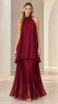 Burgundy pleated tiered halter neck maxi dress with beaded collar front view