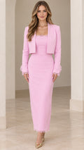 Front view of woman wearing Light Pink lace-trim maxi column dress and cropped bolero set