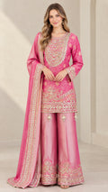 Front full view of woman wearing Fuchsia Pink embroidered sharara suit set with dupatta