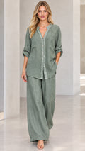 Full front view of women's relaxed sage green button-down shirt and wide-leg pants two-piece set