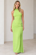 Front view of model wearing a lime green high-neck sleeveless ruched maxi dress with ring detail