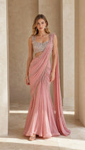 Front full view of dusty pink embellished pre-draped saree evening gown