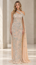 Front view of model wearing champagne embellished one-shoulder lace evening gown with attached cape