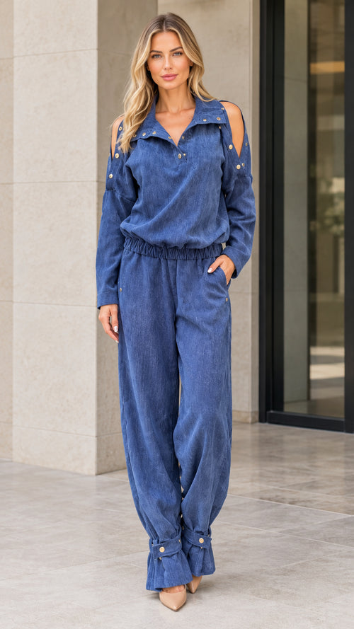 Full front view of model wearing Denim Blue cold shoulder utility jumpsuit