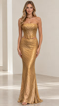 Front view of model wearing gold strapless beaded corset and mermaid skirt set