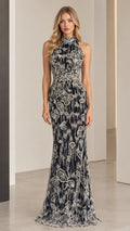 Black floral embroidered-look halter neck maxi dress shown from the front