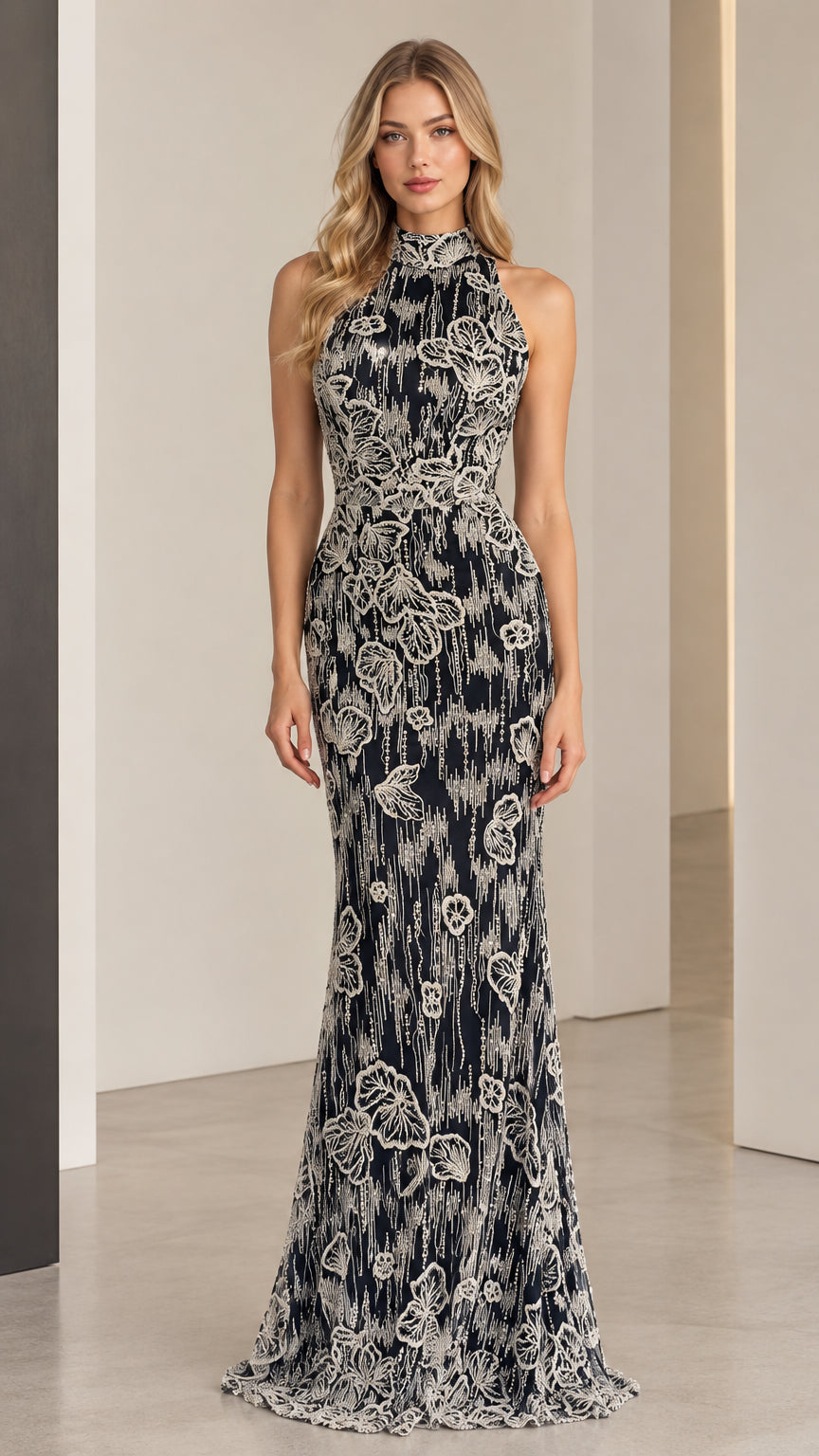 Black floral embroidered-look halter neck maxi dress shown from the front