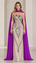 Front view of model wearing purple strapless beaded evening gown with matching purple chiffon cape