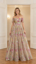 Front view of model wearing champagne off-the-shoulder floral embroidered sequin ball gown