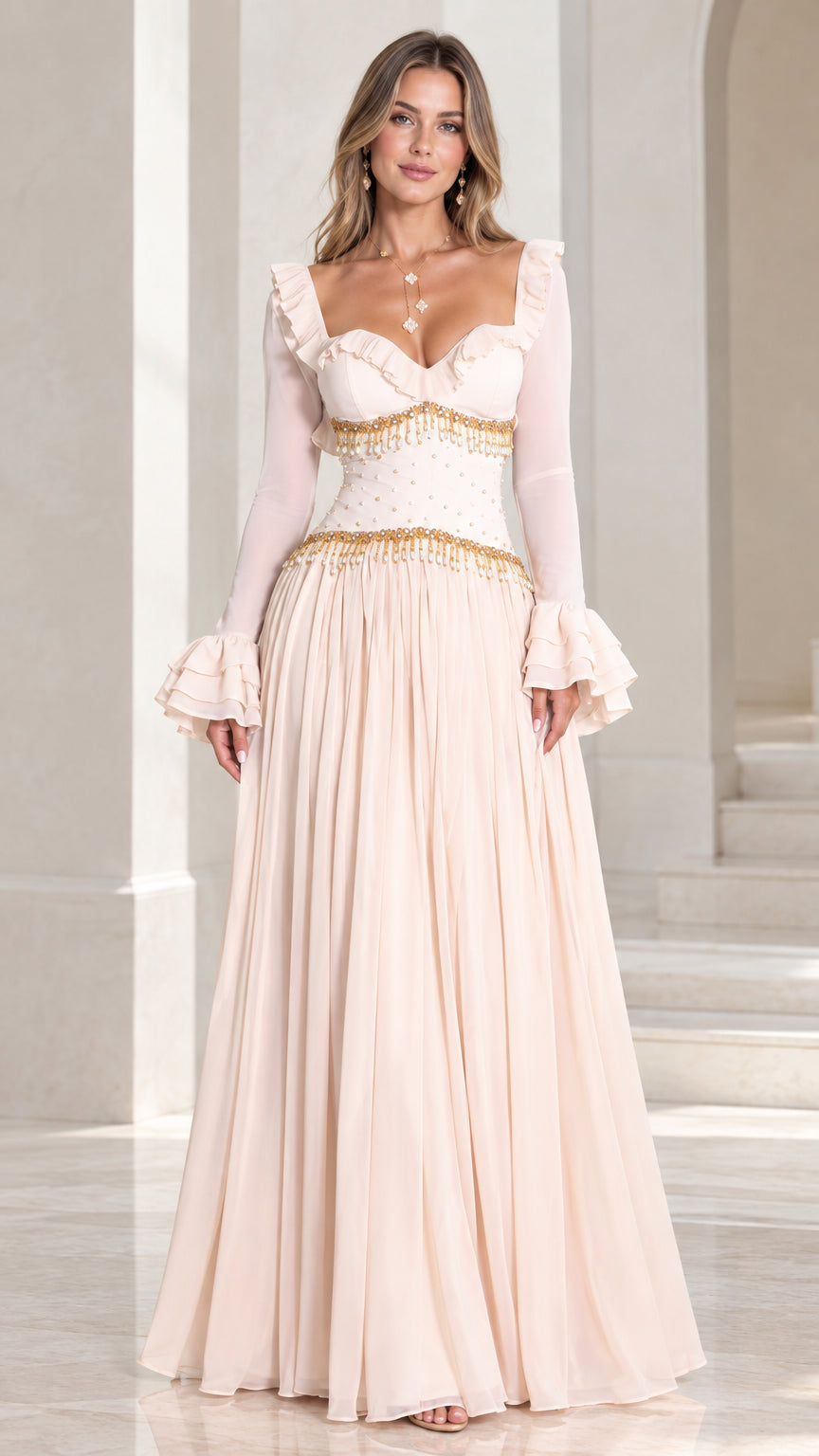 Champagne sweetheart ruffled maxi evening gown with beaded corset waist front view