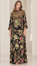 Front view of black floral embellished kaftan maxi dress with beaded neckline