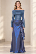 Front view of model wearing Slate Blue off-the-shoulder shimmer evening gown with draped rosette satin skirt