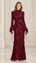 Burgundy high-neck floral lace maxi dress with flared bell sleeves front view
