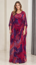 Front view of model wearing magenta purple floral watercolor draped kaftan maxi dress