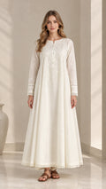 Off-white embroidered long sleeve maxi dress full front view