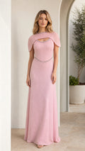 Pink pleated maxi evening dress with capelet sleeves and beaded trim front view