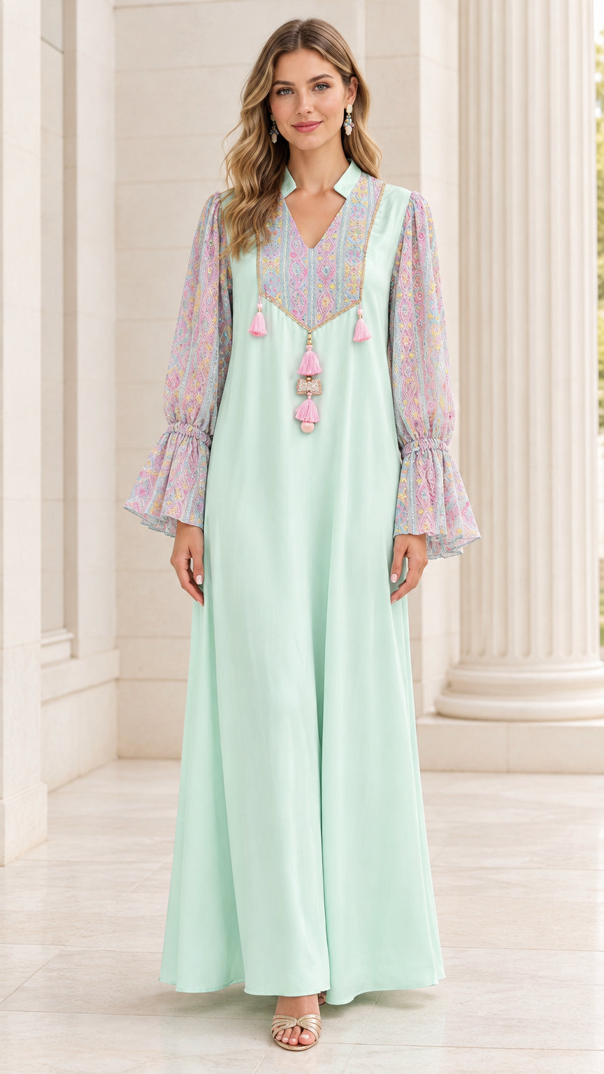 Front view of woman wearing Mint Green embroidered yoke maxi dress with printed bell sleeves
