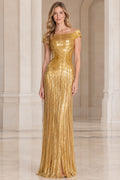 Front view of woman wearing full-length gold off-the-shoulder beaded evening gown
