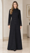 Front full-length view of black Mandarin collar maxi dress with frog buttons