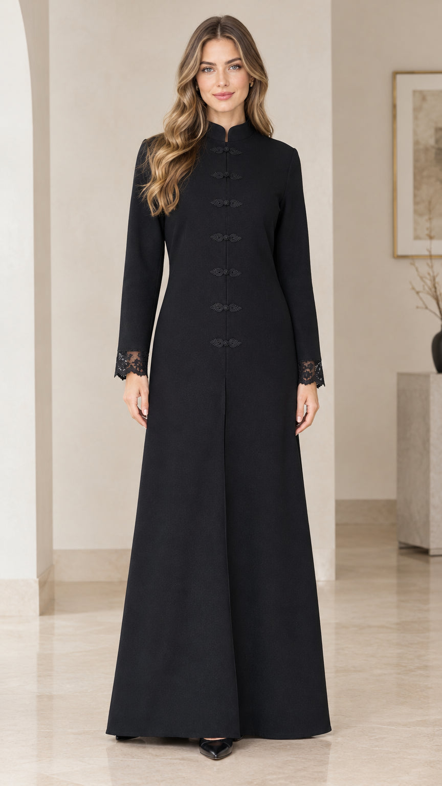 Front full-length view of black Mandarin collar maxi dress with frog buttons