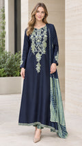 Front view of woman wearing Navy Blue embroidered 3-piece kurta set with matching dupatta and pants