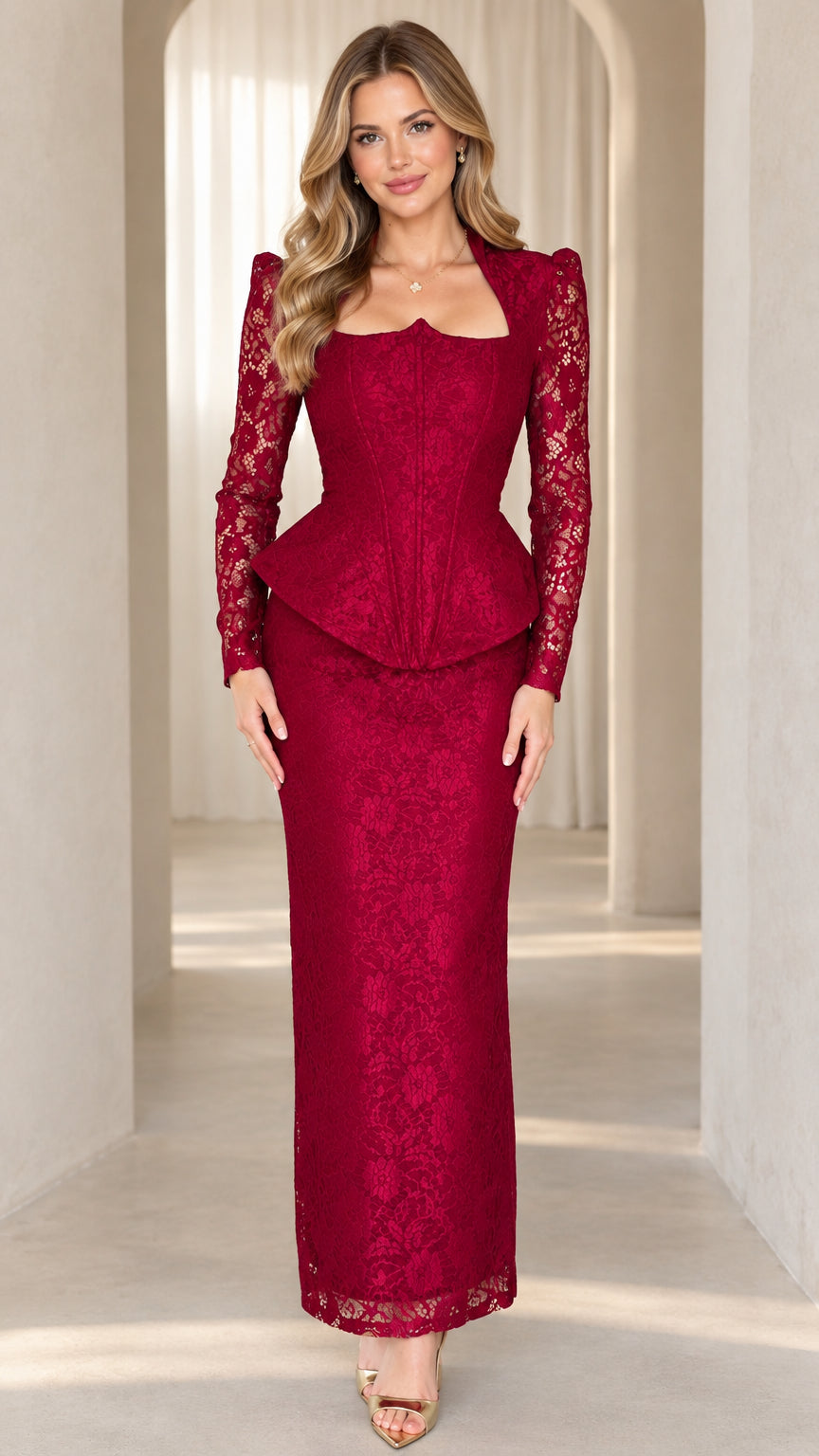 Front view of woman wearing burgundy floral lace corset peplum maxi dress