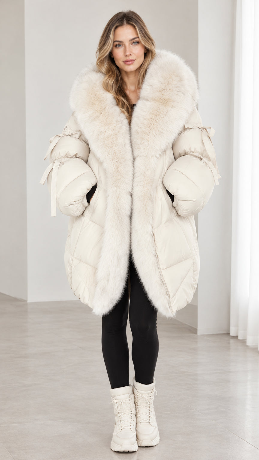 Front view of model wearing off white faux fur hooded quilted puffer coat with sleeve bow ties