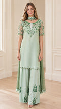 Full front view of model wearing Sage Green beaded tunic and wide-leg palazzo pant set