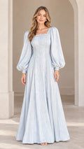 Front view of model wearing Light Blue embroidered lantern sleeve square neck maxi dress