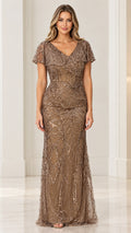 Taupe sequin flutter sleeve formal evening gown front view
