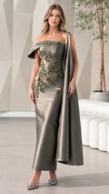 Full front view of Charcoal Asymmetrical Beaded Cape Evening Gown