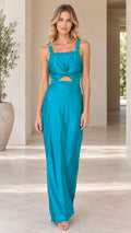 Full front view of model wearing Teal Blue twist-front satin maxi dress with cutout and braided trim