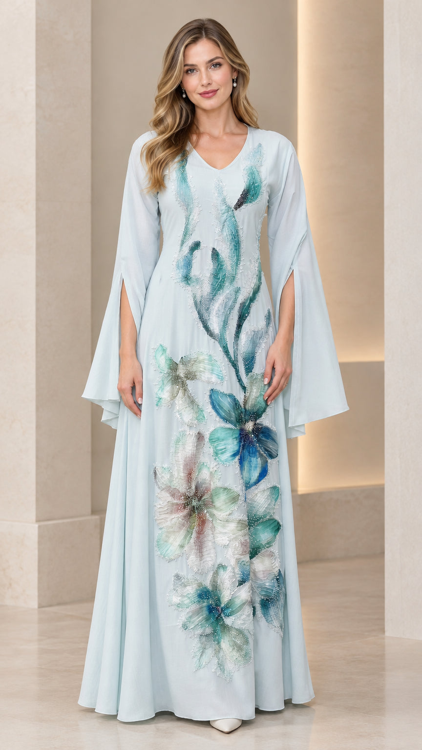 Light Blue floral embroidered V-neck maxi dress with split bell sleeves front view