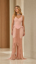 Full front view of Dusty Rose V-neck lace and fringe basque waist evening gown