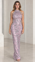 Front view of woman wearing pink sequin halter evening gown with draped shoulder chains