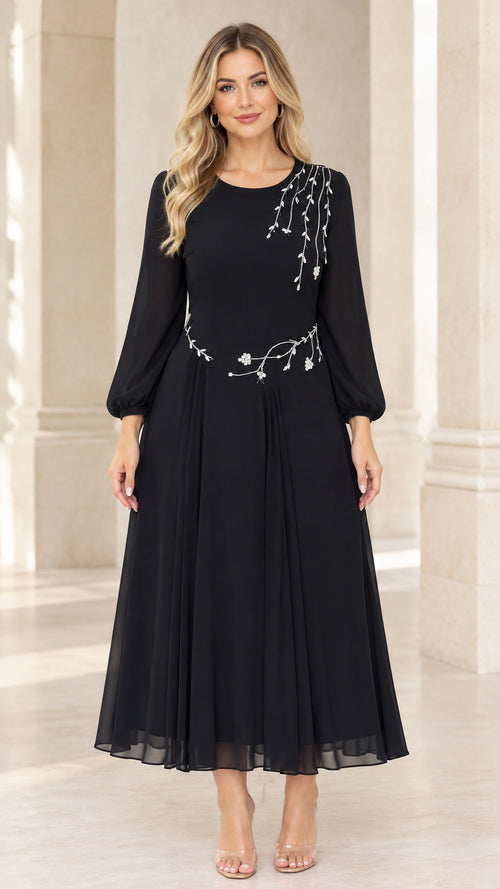 Front view of black long sleeve chiffon midi dress with rhinestone floral embellishments