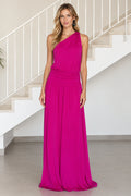 Front view of model wearing magenta one-shoulder ruched waist maxi dress
