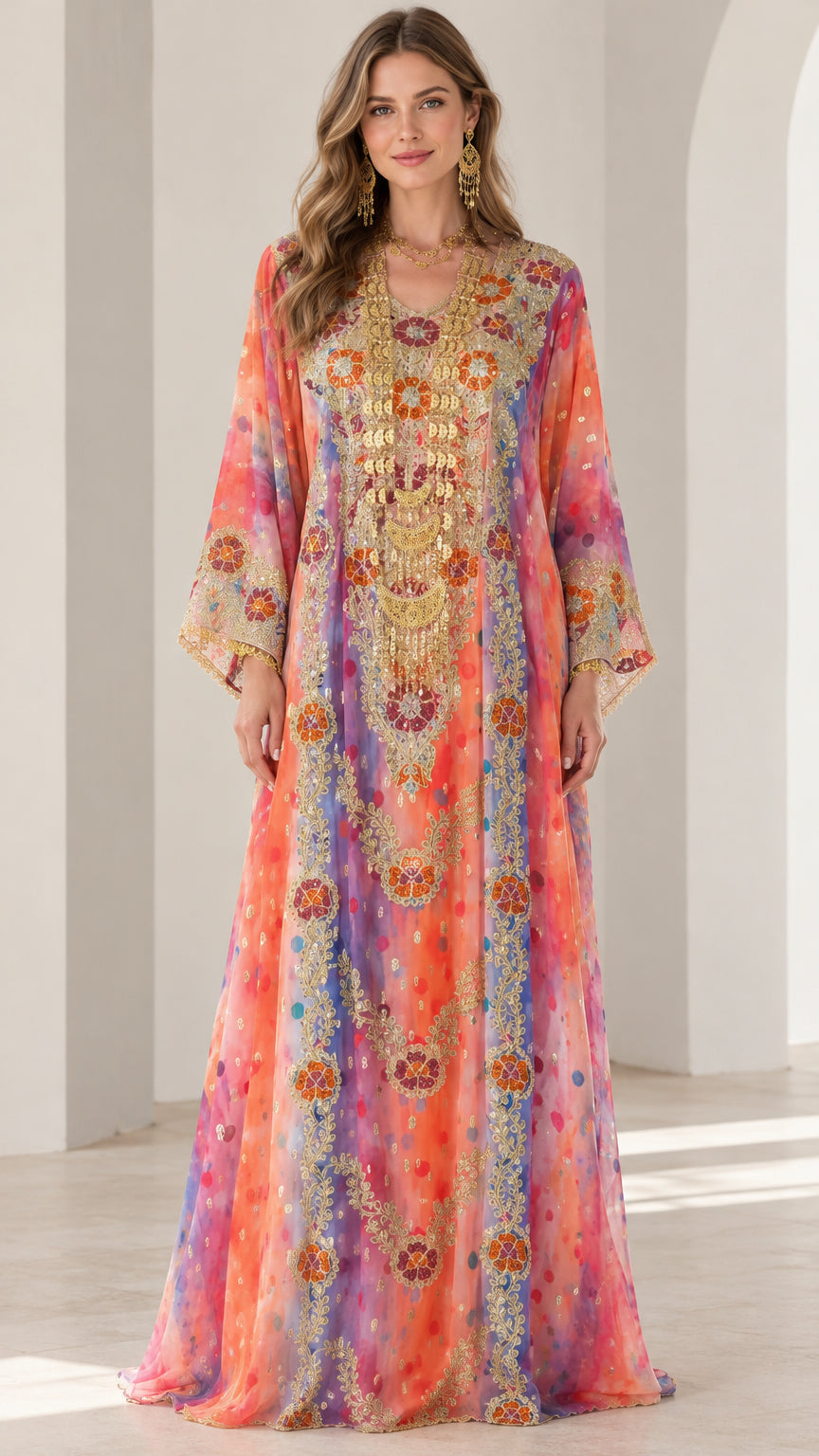 Front view of model wearing sunset multi watercolor embroidered kaftan maxi dress