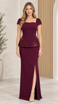 Burgundy square neck sequin peplum evening maxi dress front view