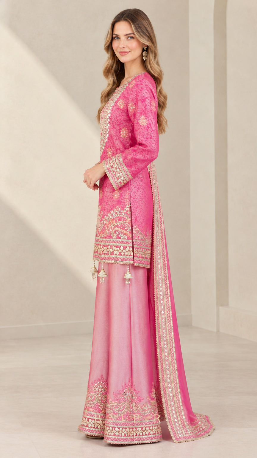 Side angle view of Fuchsia Pink embroidered festive kurti and sharara pants