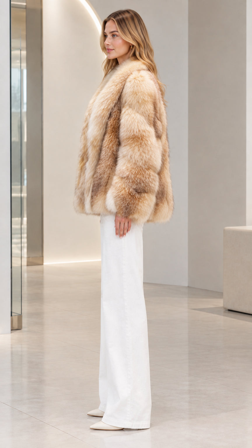 Side profile of Natural Beige plush faux fur jacket showing sleeve volume and hip length
