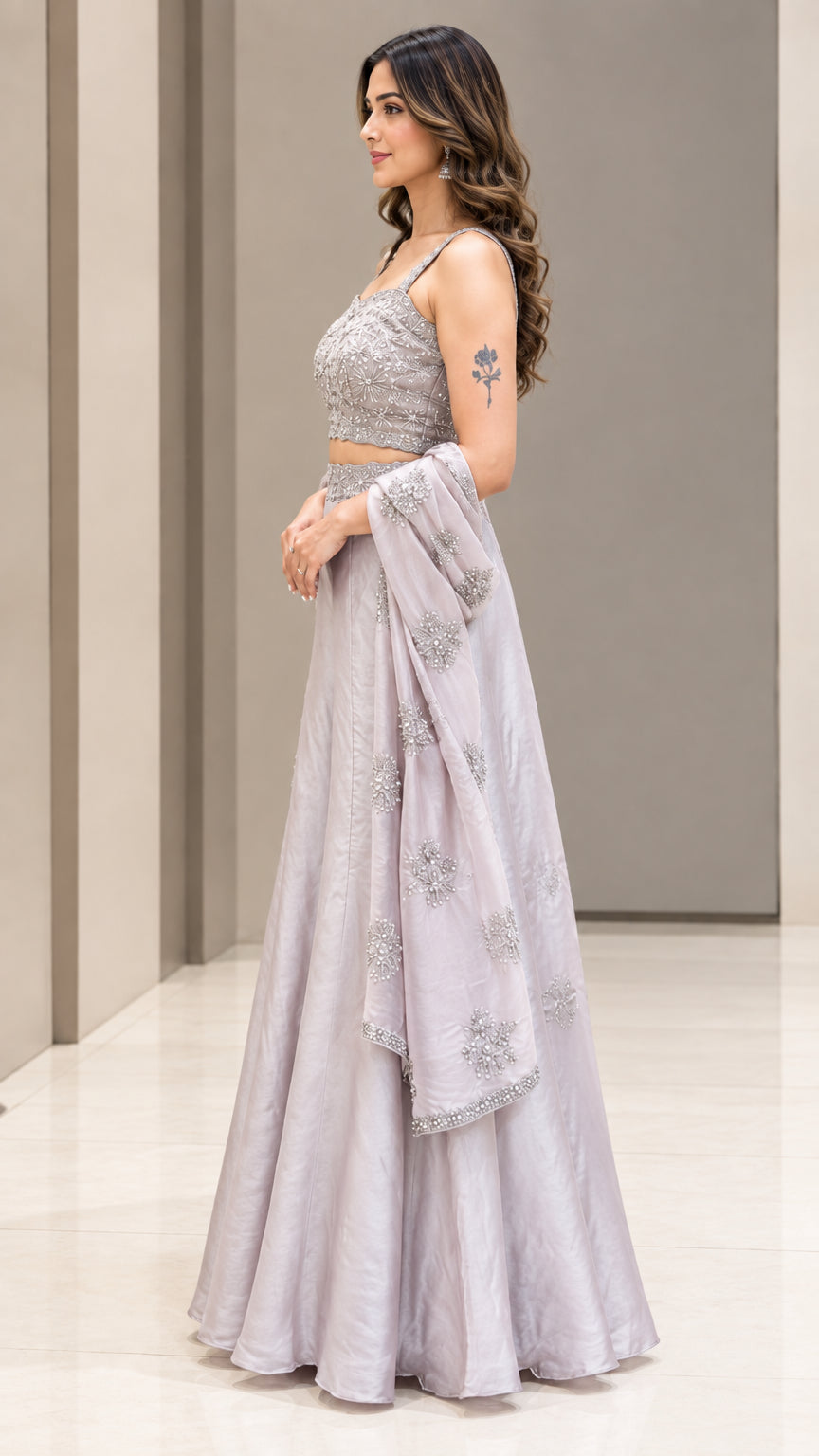 Side profile view of woman modeling Silver Grey wide-leg festive trouser set